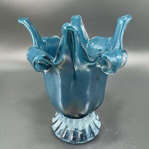 1980s Art Glass Abstract Vase Bowl Centerpiece Teal Blue Iridescent Finish Glass